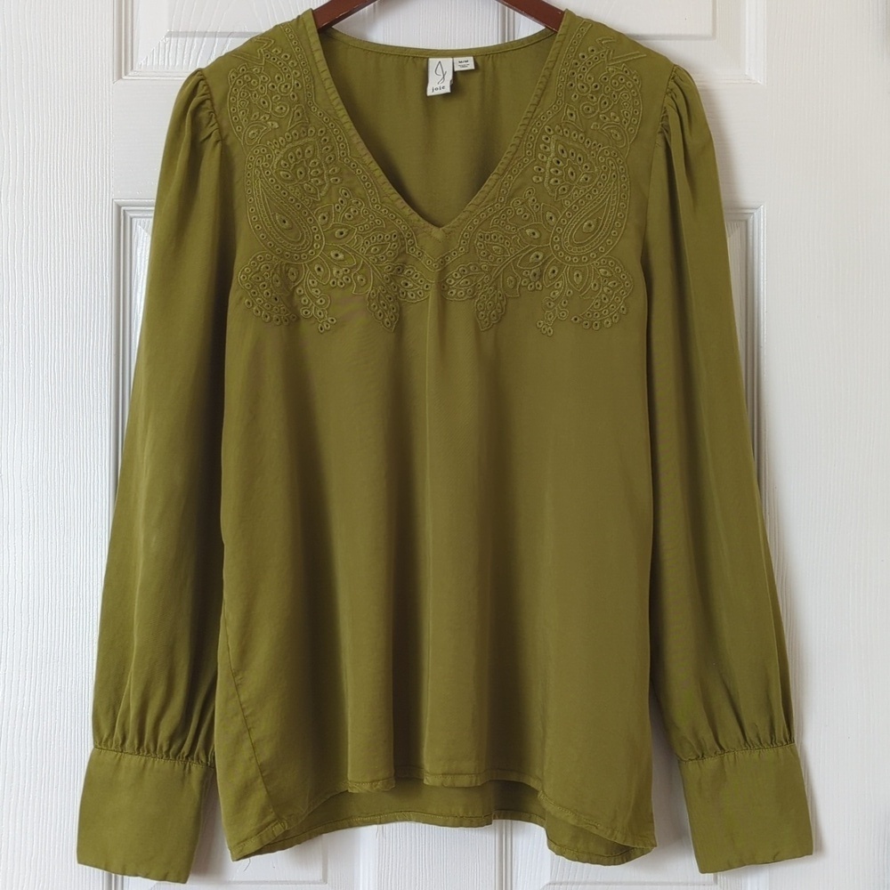 Joie Paisley Embroidered Yoke V-neck Long Puff Sleeve Peasant Blouse Olive M